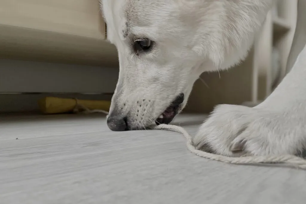 Le chien tire sur une corde reli&eacute;e &agrave; un Dummy