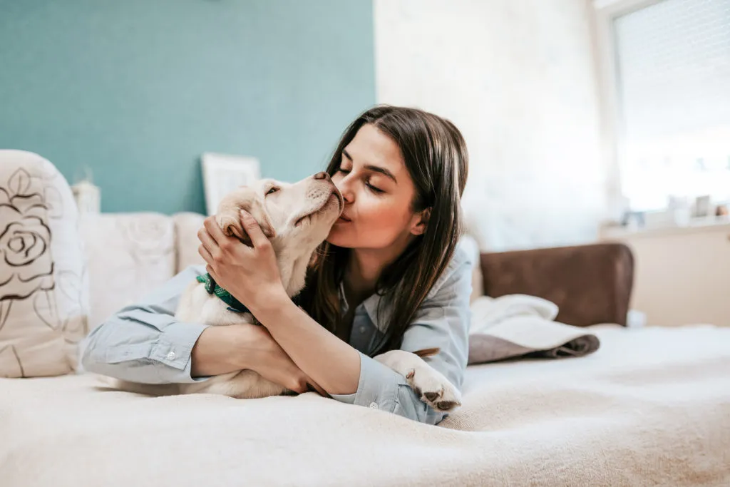 Frau und Hund kuscheln im Bett