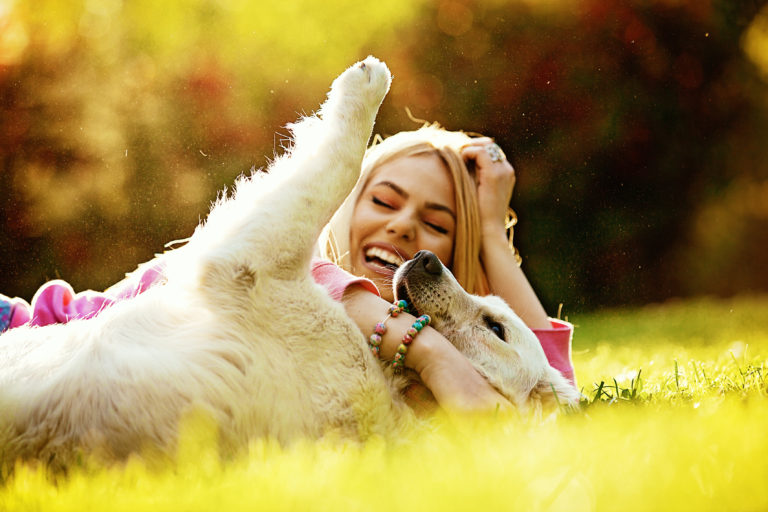 Frau und Retriever knuddeln im Park